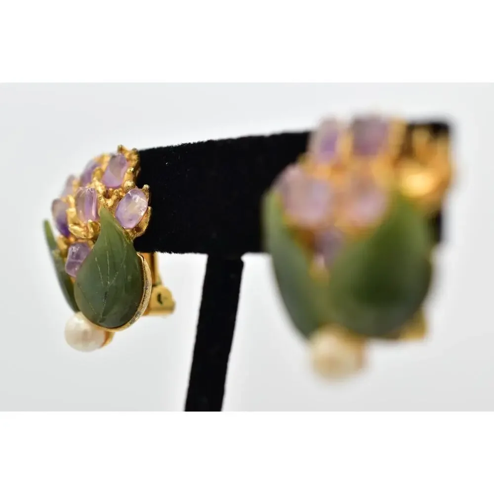 Swoboda Vintage Clip On Earrings Pearl Amethyst Jade Semi-Precious Signed 60s 9L